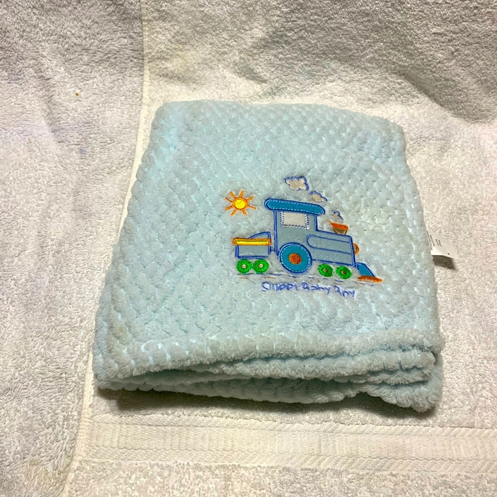 RN 31526 Train Sweet Baby Boy Blanket Blue Textured Orange Sun Green Lovey NWOT